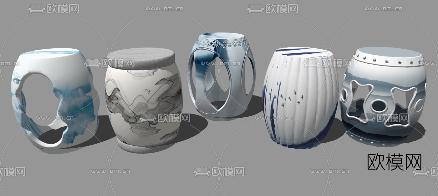 新中式青花瓷鼓凳su模型下载