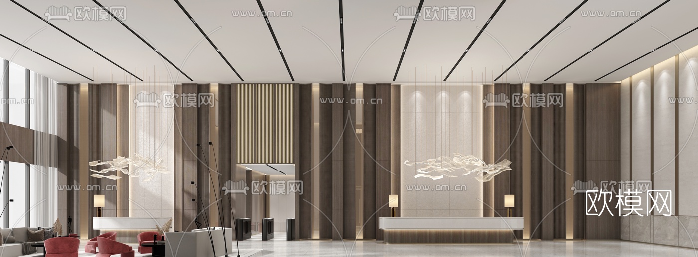 现代轻奢写字楼大堂前台3d模型下载（渲染图2）