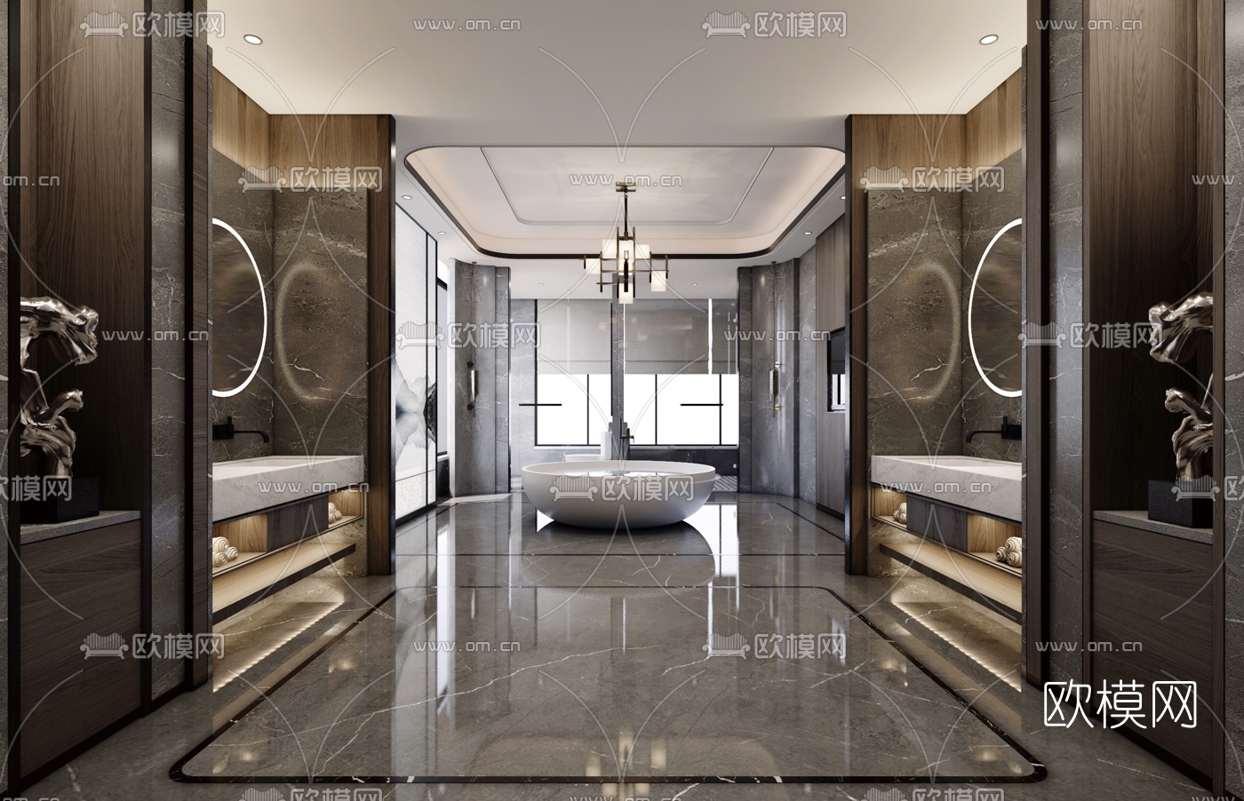 新中式别墅豪华浴室卫生间su模型下载（渲染图1）