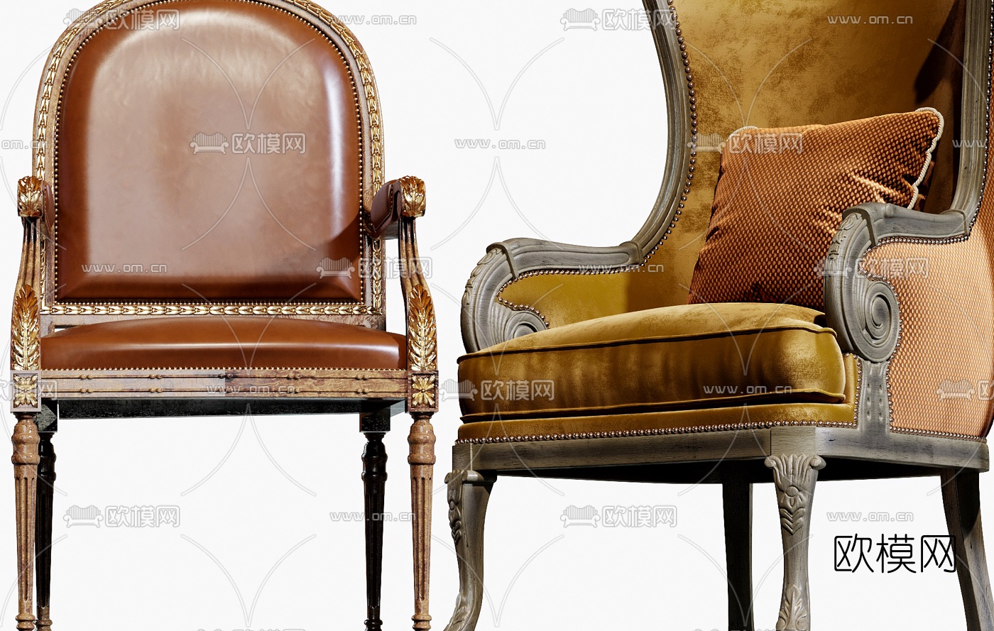 法式布艺皮革休闲椅3d模型下载（渲染图3）