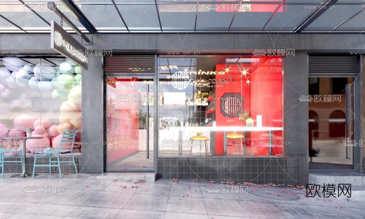 现代奶茶店门面3d模型