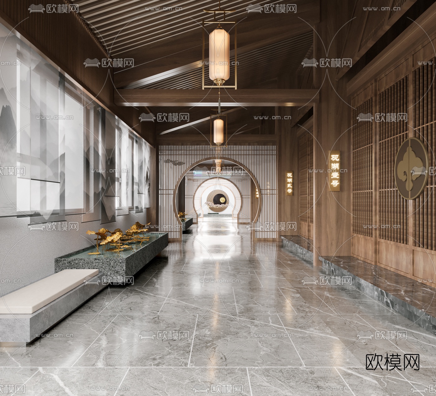 新中式酒店走廊过道3d模型