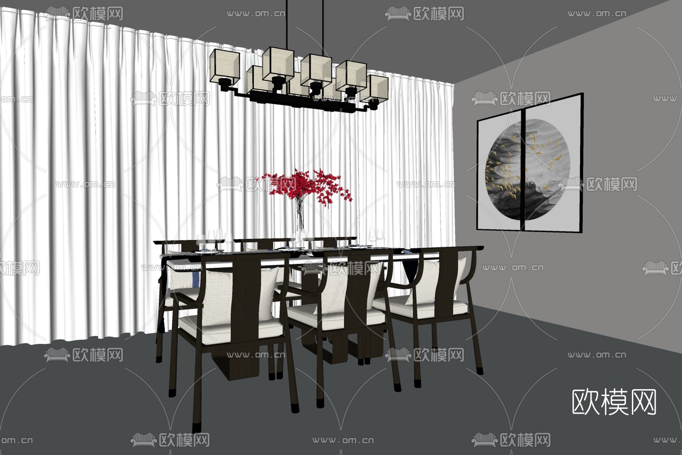 新中式实木餐桌椅su模型