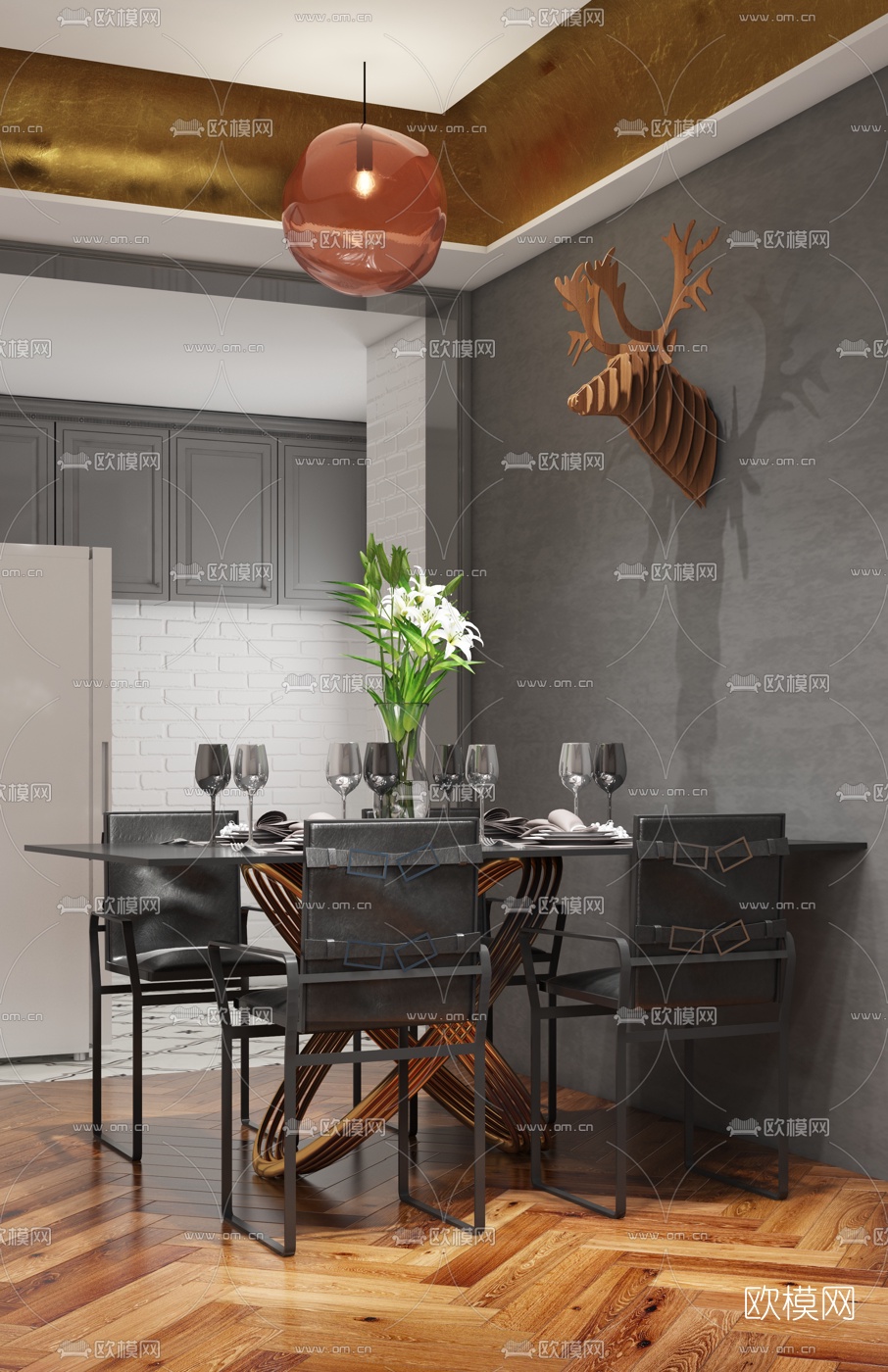 LENG设计 工业风混搭餐桌椅3d模型下载