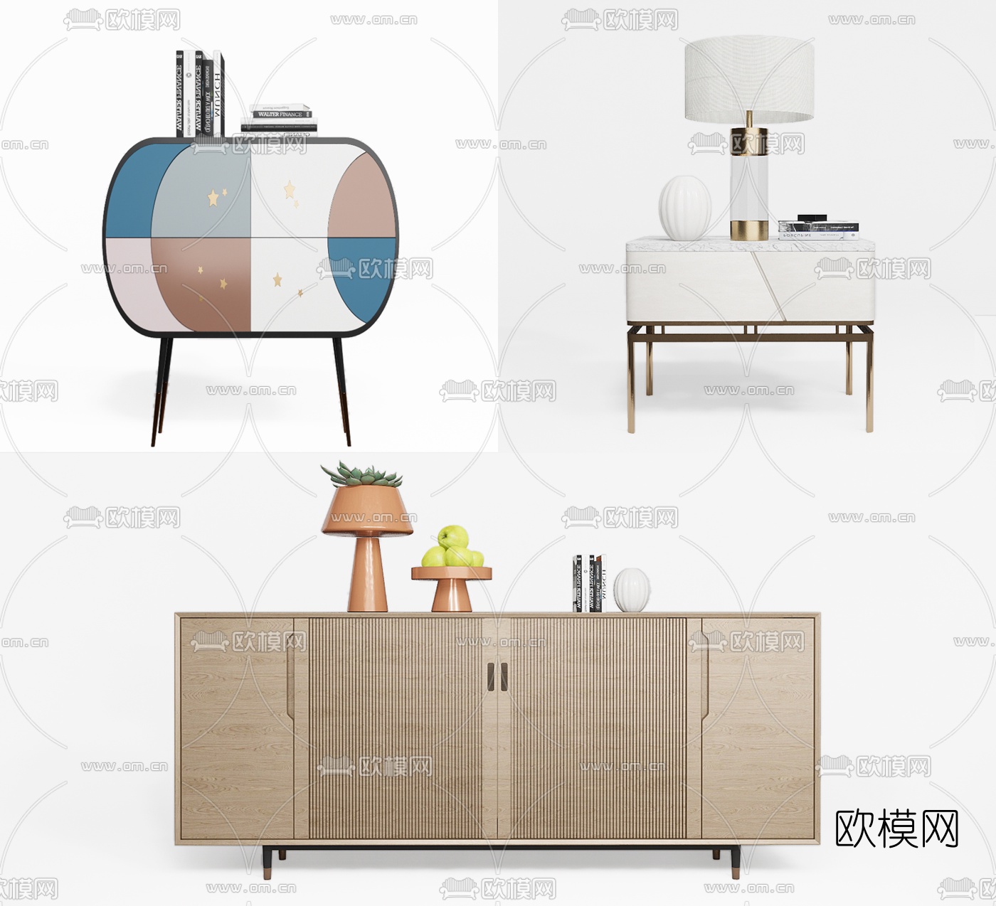 现代轻奢边柜床头柜su模型下载（渲染图1）