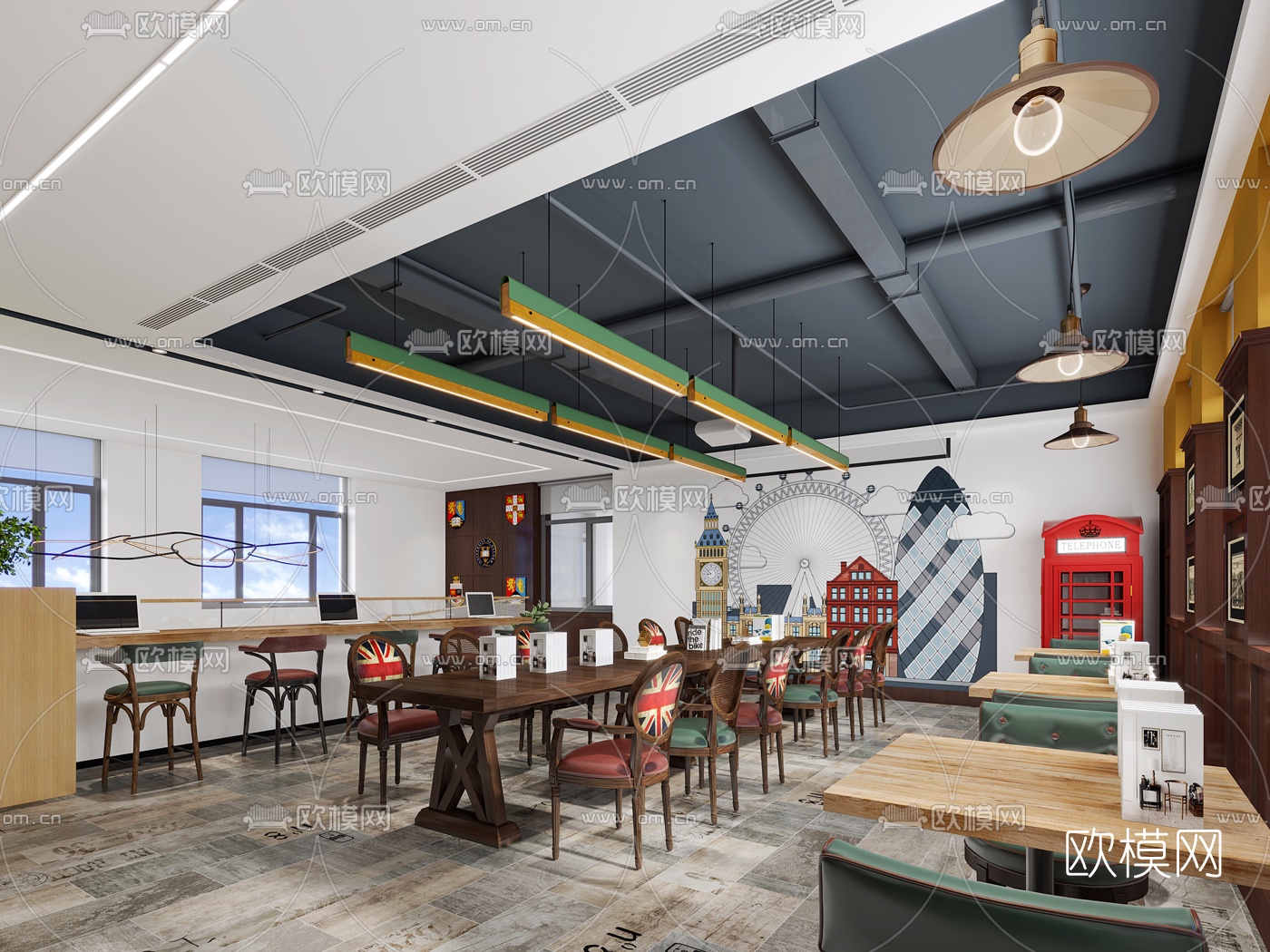 美式阅览室免费3d模型下载（渲染图1）