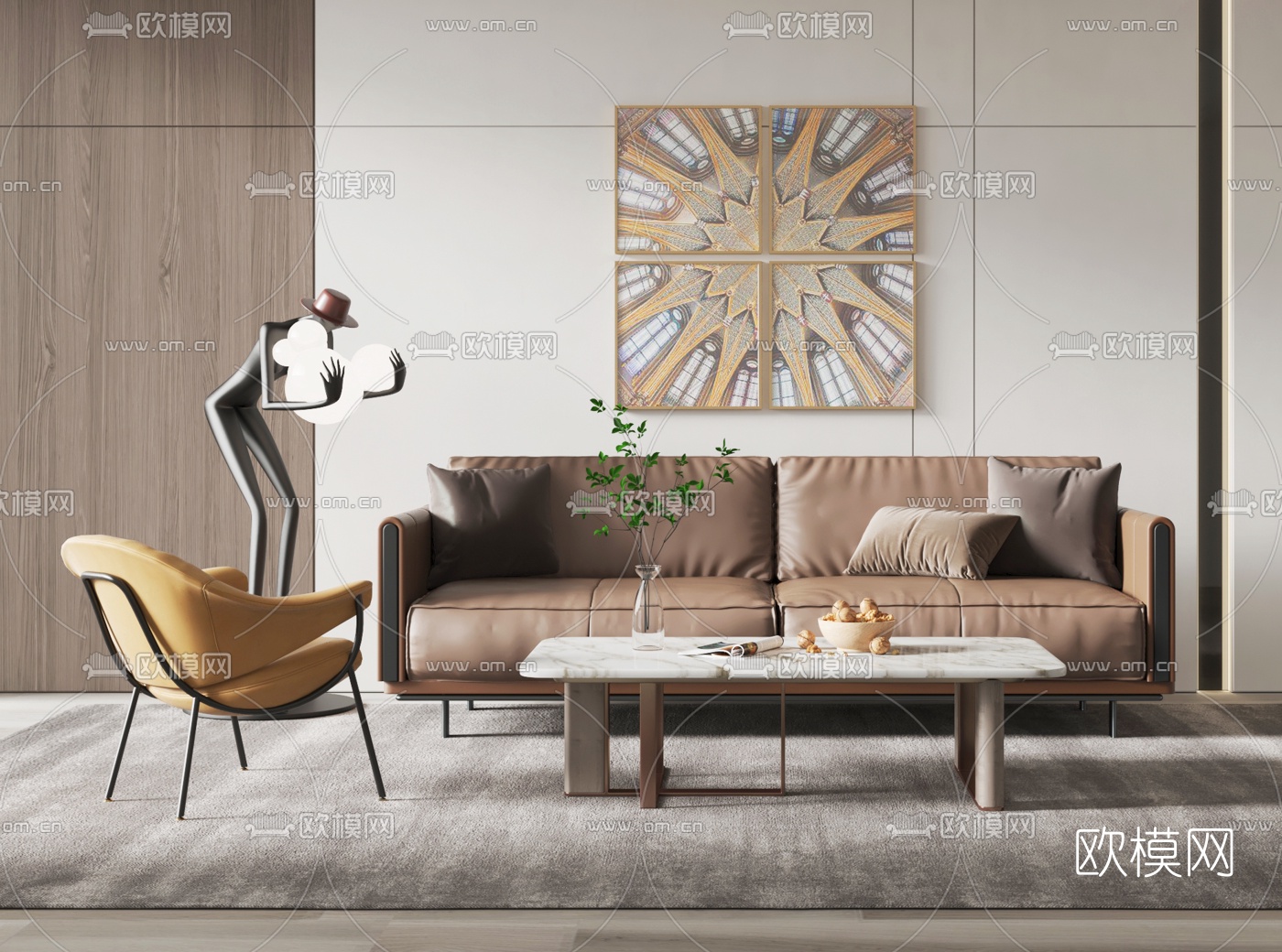 现代布艺双人沙发su模型下载（渲染图1）