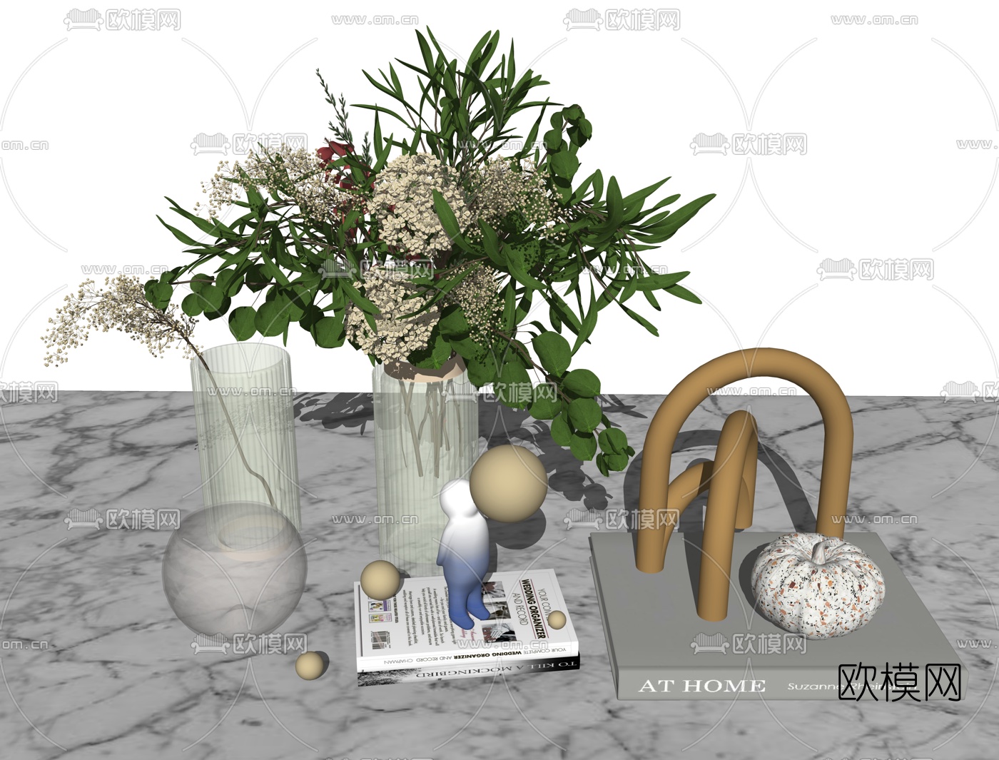 现代花瓶花卉书籍雕塑摆件su模型-免费3dmax模型库-欧模网