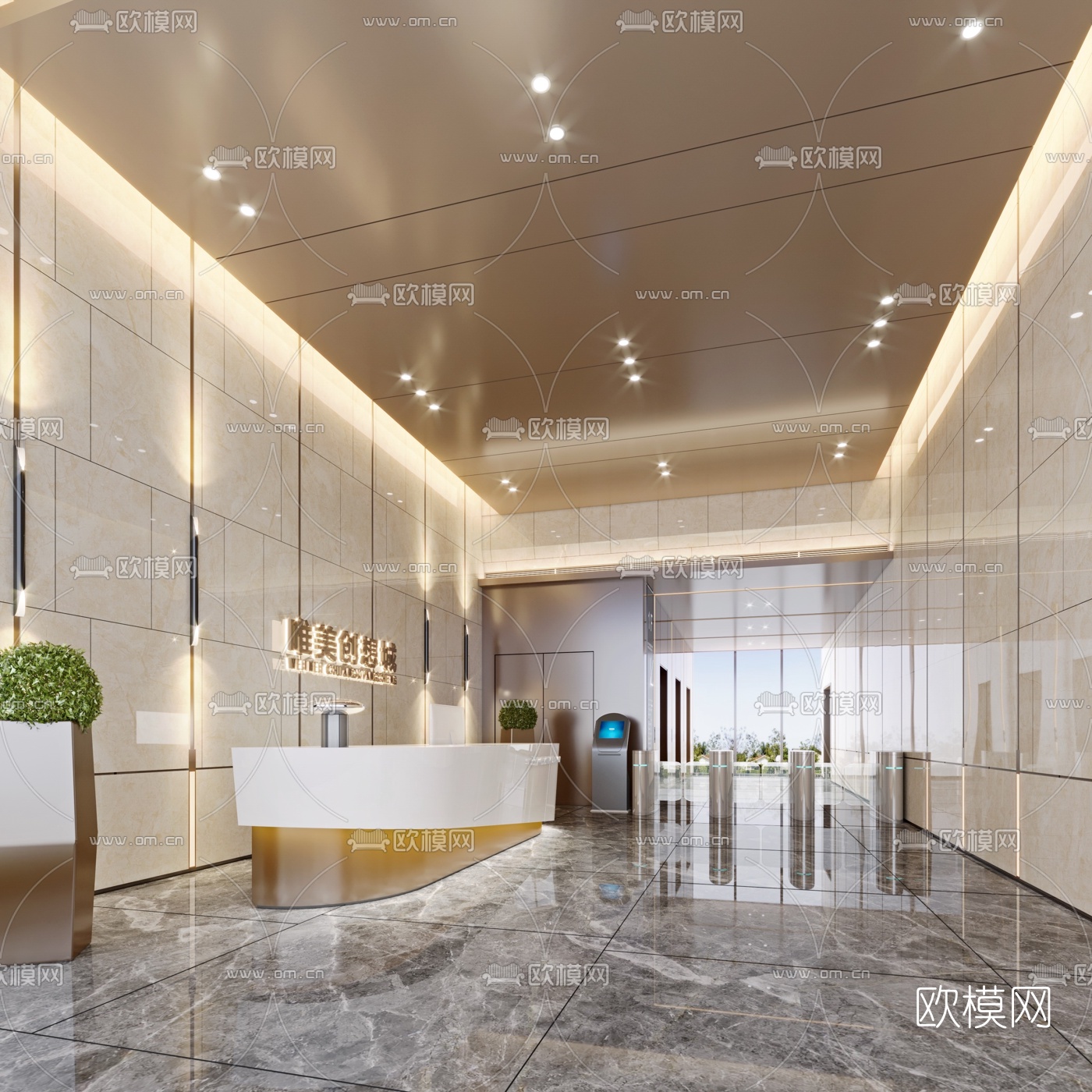 现代办公楼大堂电梯厅3d模型-免费3dmax模型库-欧模网