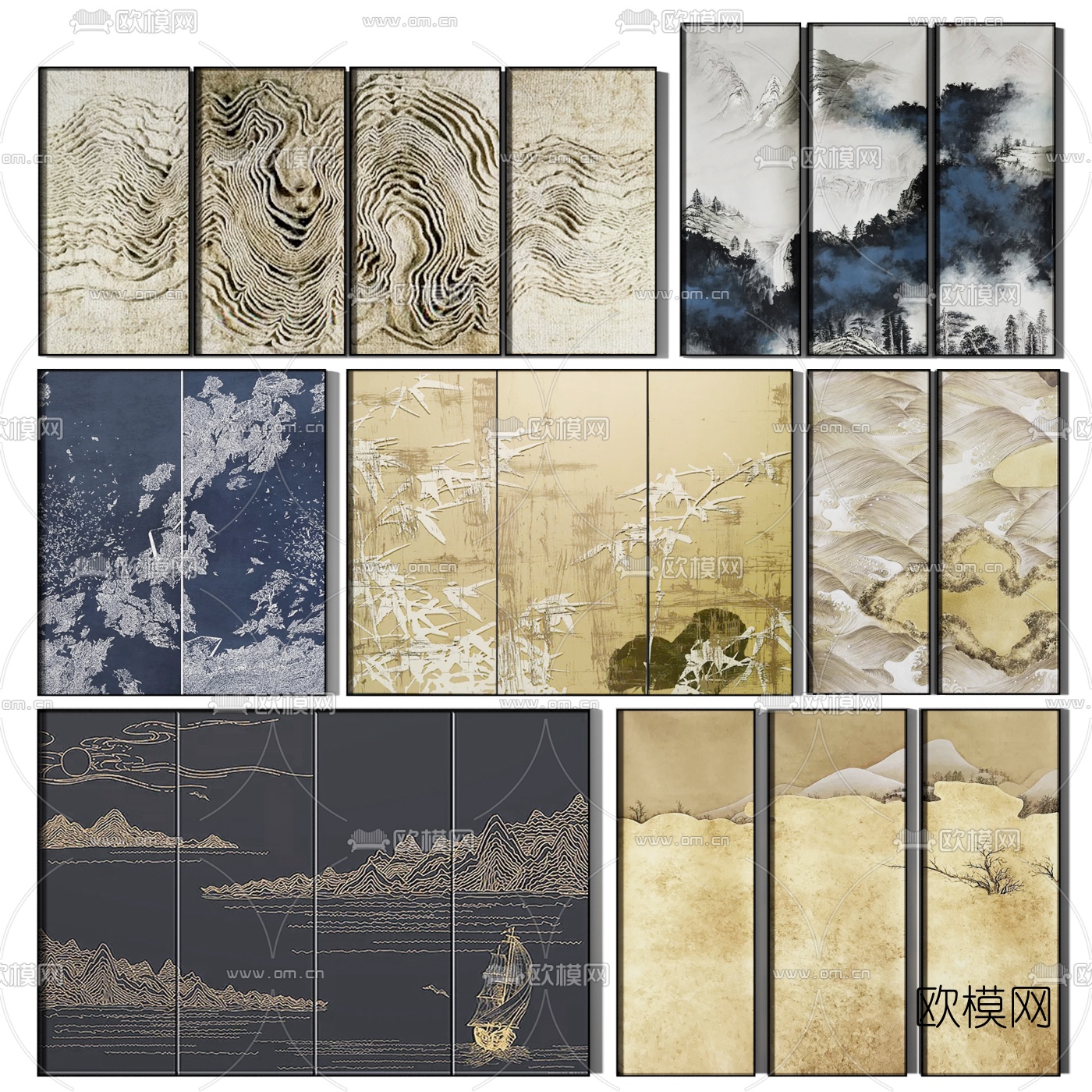 新中式山水挂画装饰画3d模型