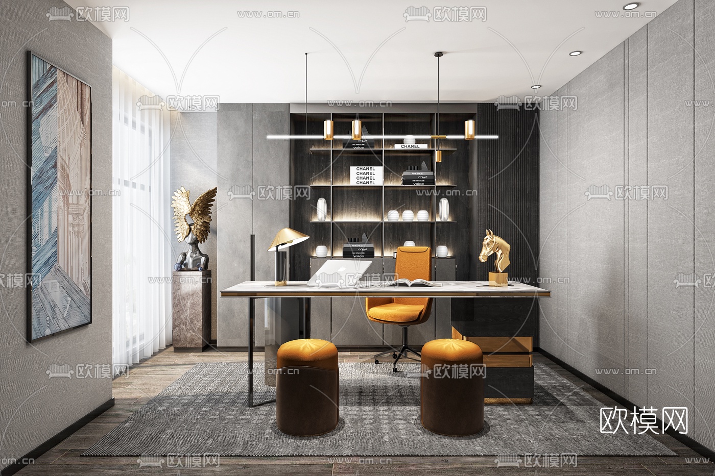 现代轻奢书房3d模型下载