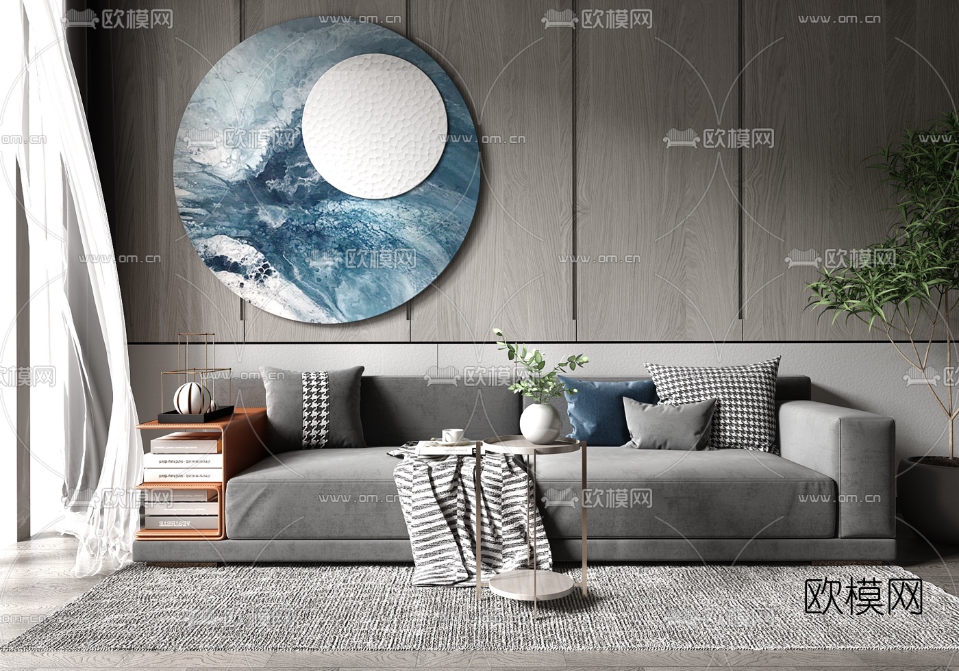 现代布艺组合沙发su模型下载（渲染图1）