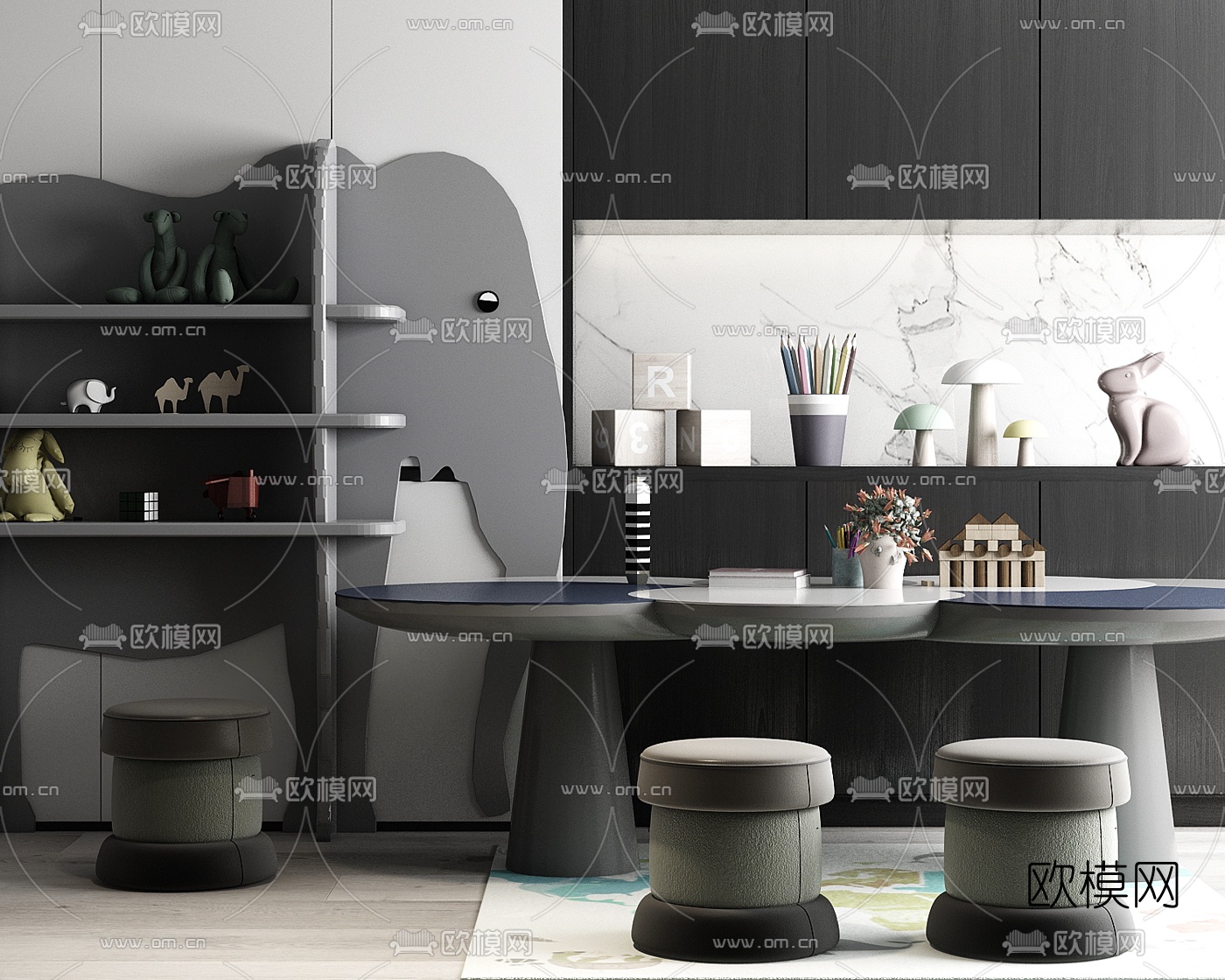 现代儿童桌椅装饰柜3d模型