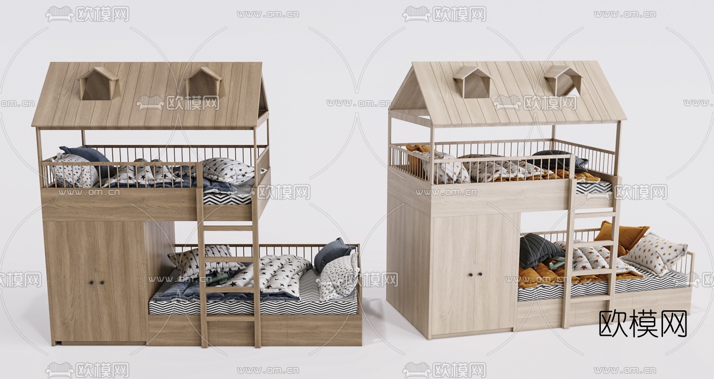 现代木质儿童床上下床3d模型下载