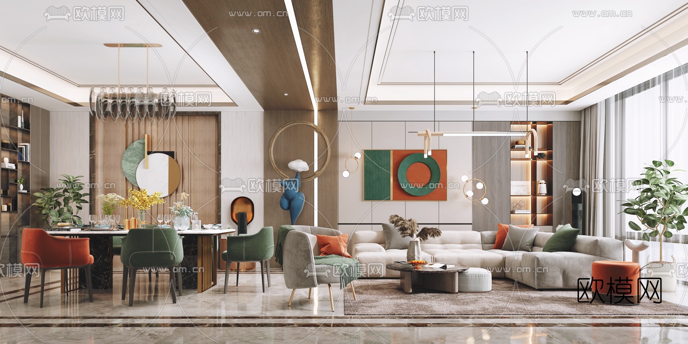 现代轻奢客厅餐厅3d模型下载