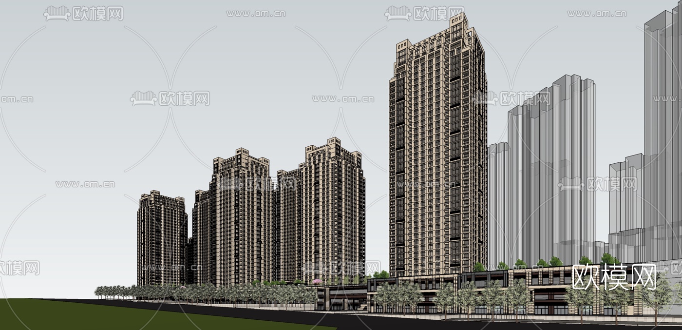 新古典超高层公寓楼su模型下载（渲染图1）