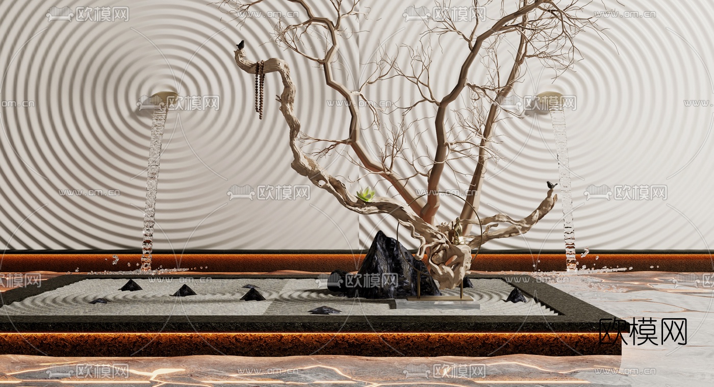 新中式波浪墙水池枯山水景观小品3d模型