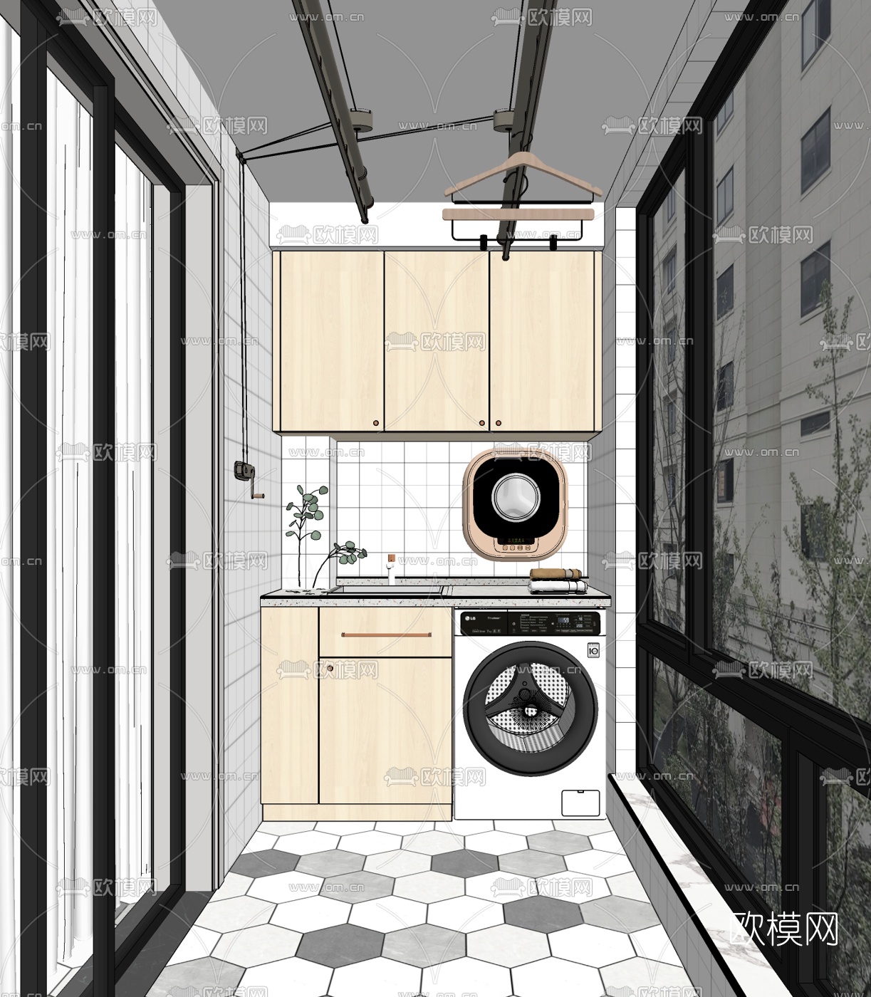 现代阳台洗衣柜su模型