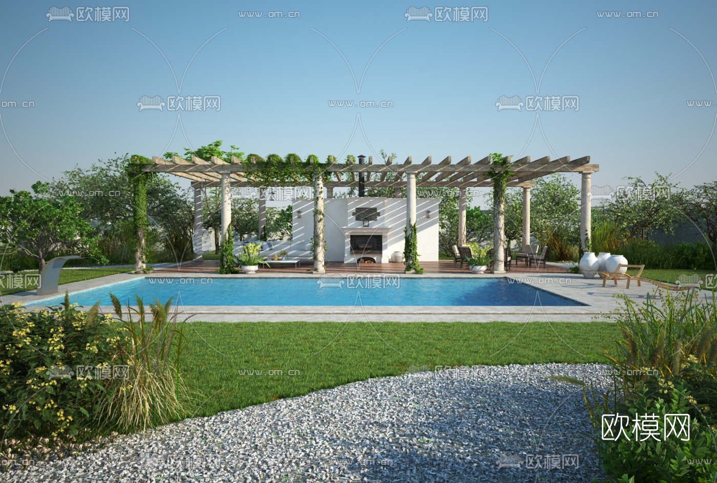 北欧庭院廊架泳池景观3d模型下载（渲染图1）