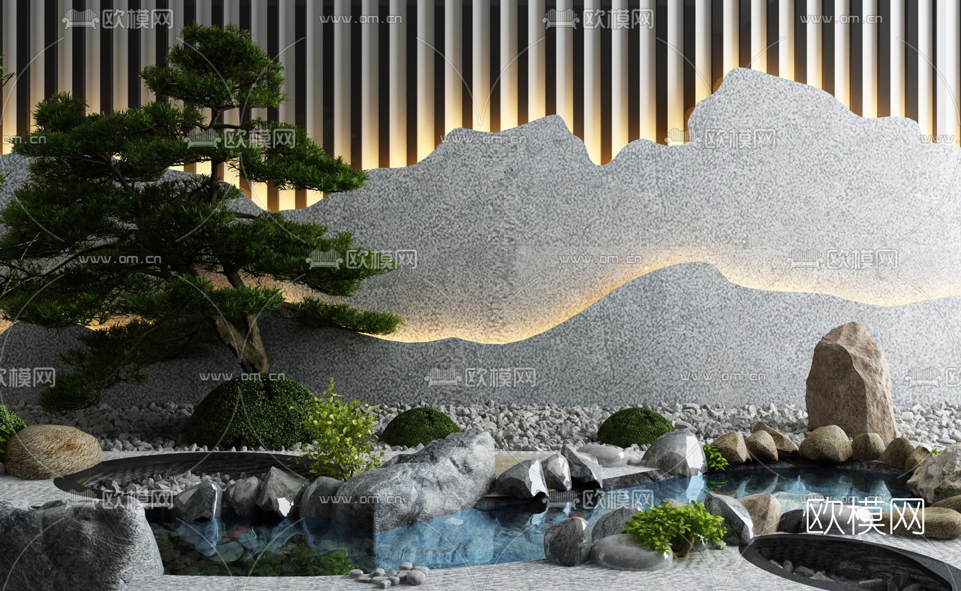 新中式迎客松枯石景观小品3d模型下载