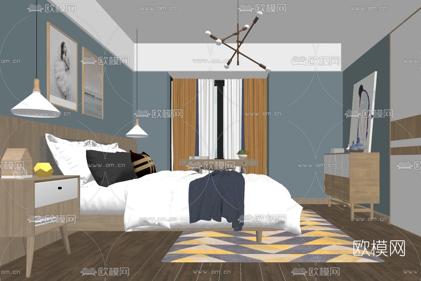 北欧主人房卧室su模型下载