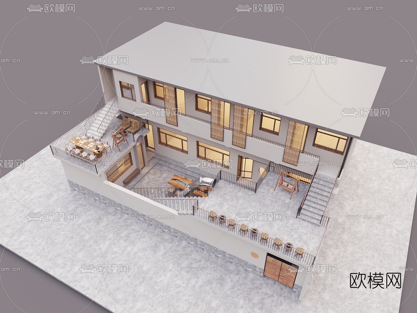 现代民居小院鸟瞰免费3d模型下载（渲染图1）