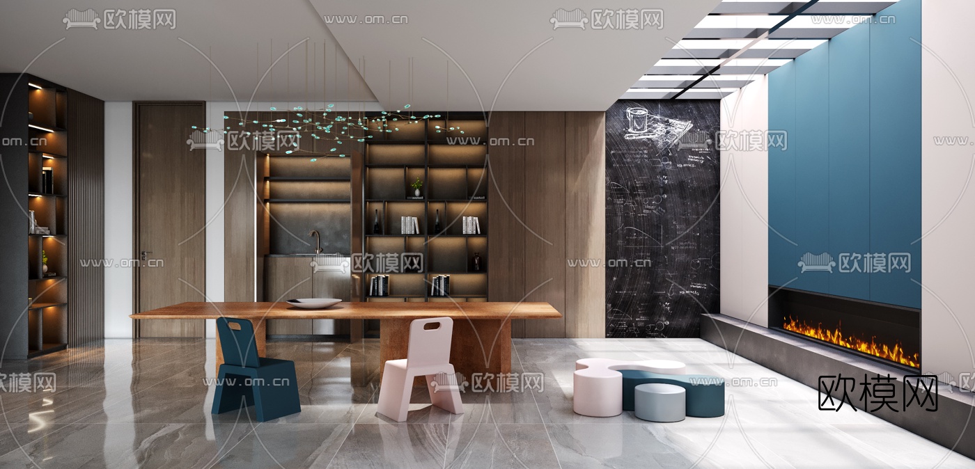 现代轻奢别墅客厅餐厅3d模型