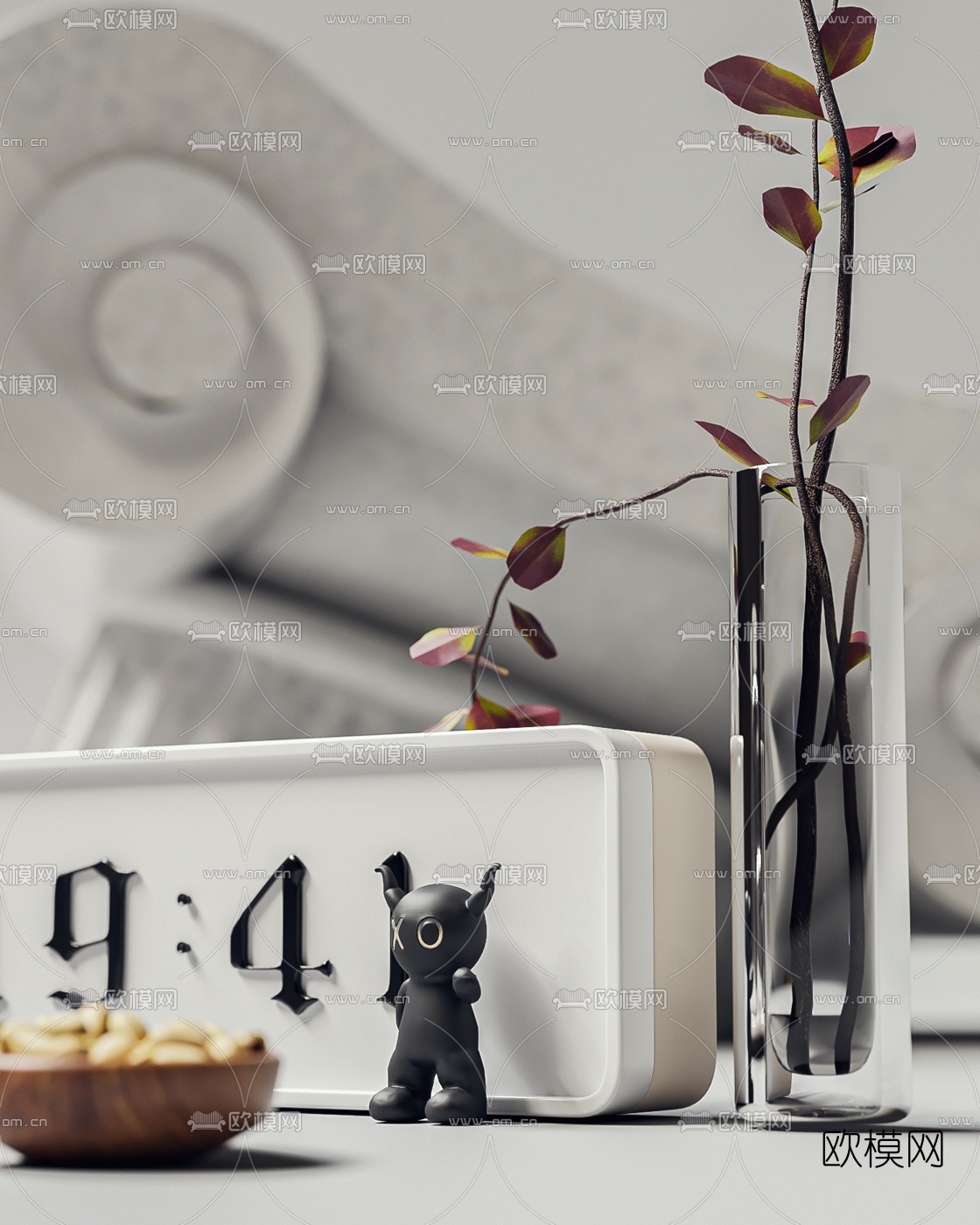 现代水生植物闹钟器皿摆件3d模型下载（渲染图4）