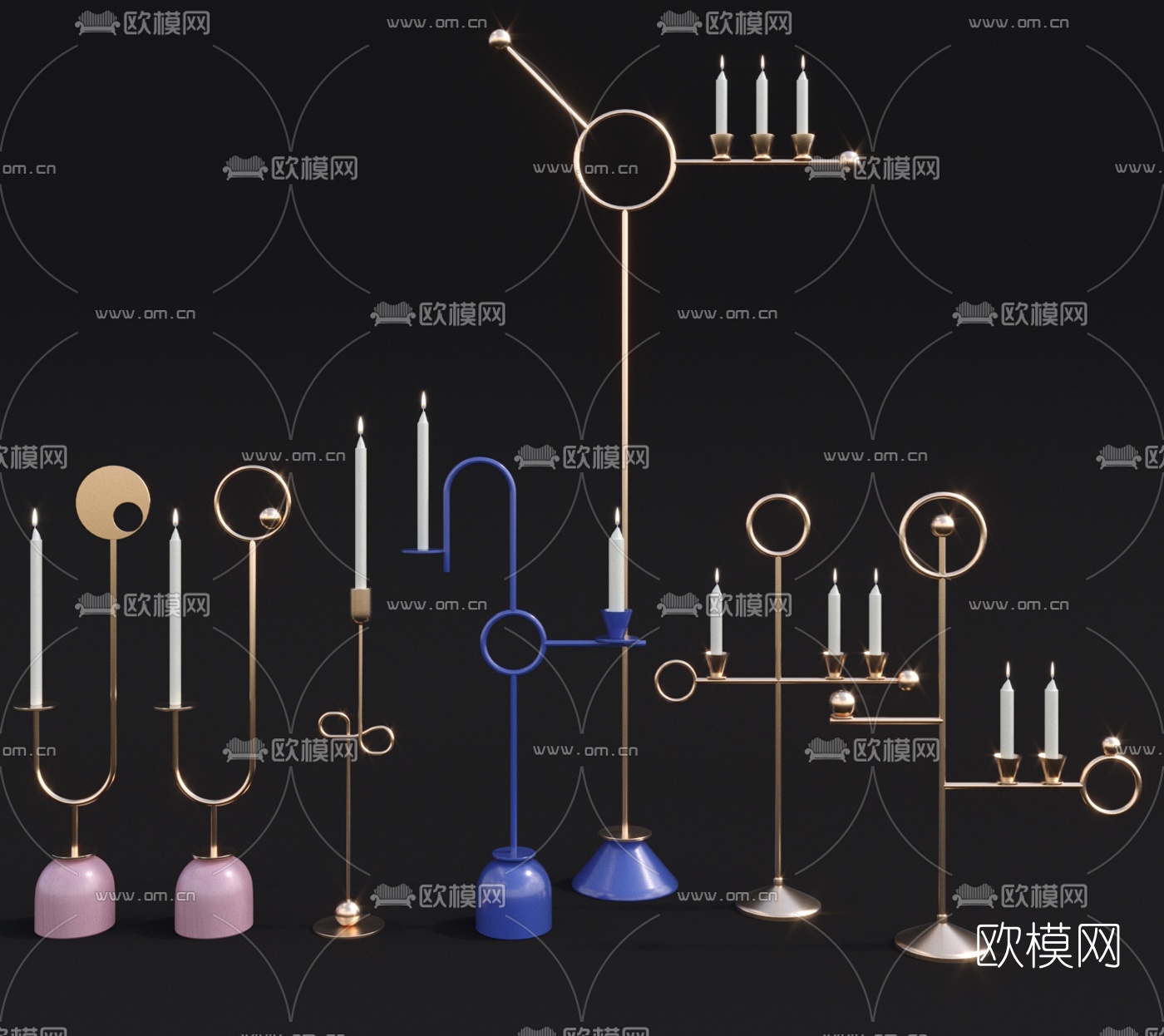 现代金属烛台灯蜡烛3d模型下载（渲染图1）