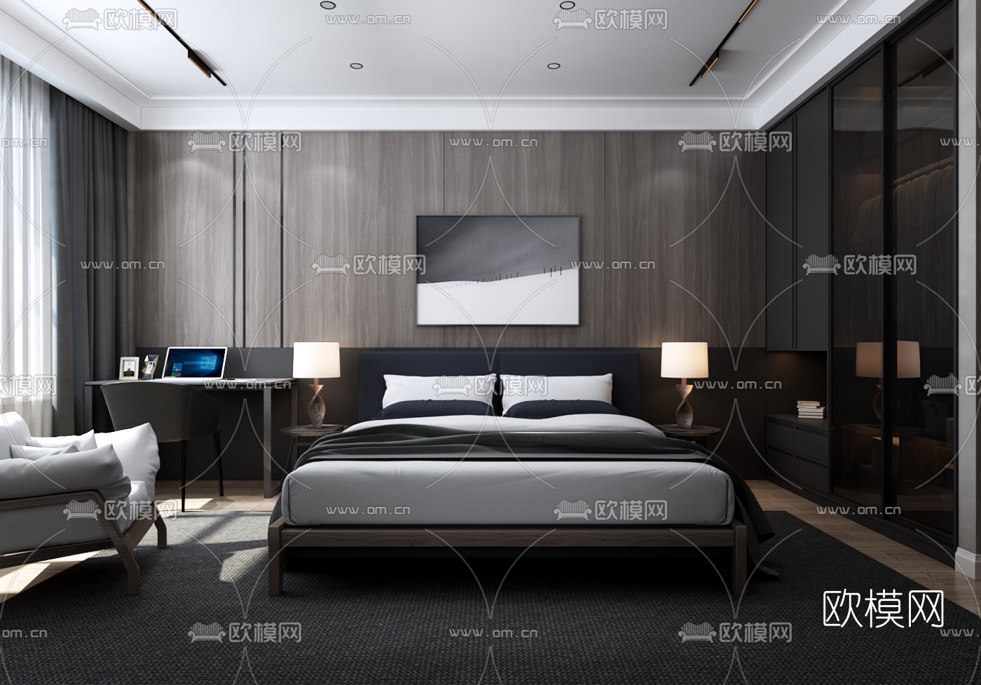 现代卧室免费3d模型下载（渲染图1）