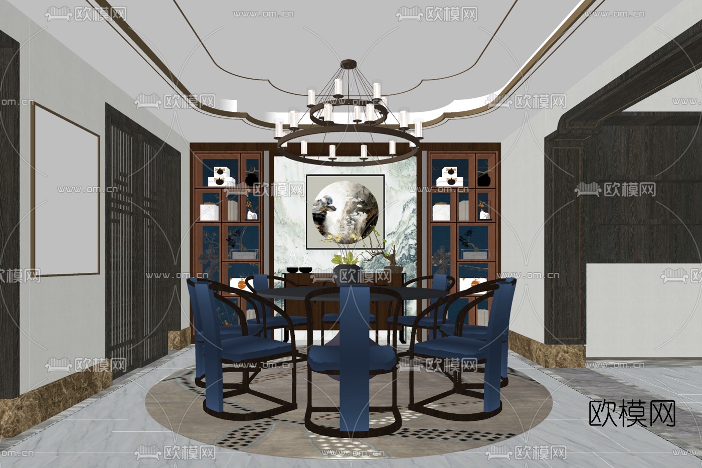 新中式餐厅su模型下载