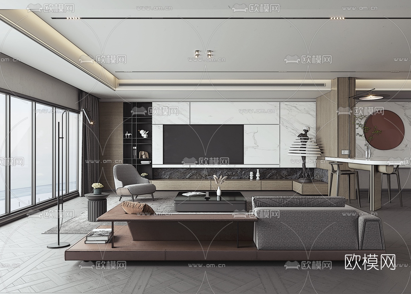 现代客厅su模型下载（渲染图1）