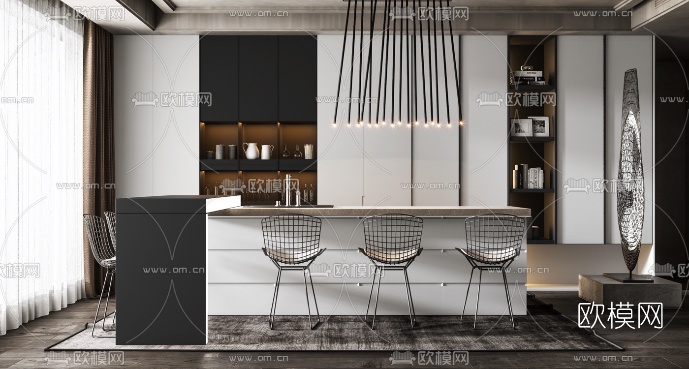 现代轻奢吧台吧椅3d模型下载