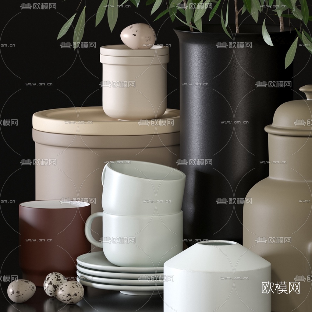 现代茶壶茶杯茶具插花3d模型下载（渲染图3）