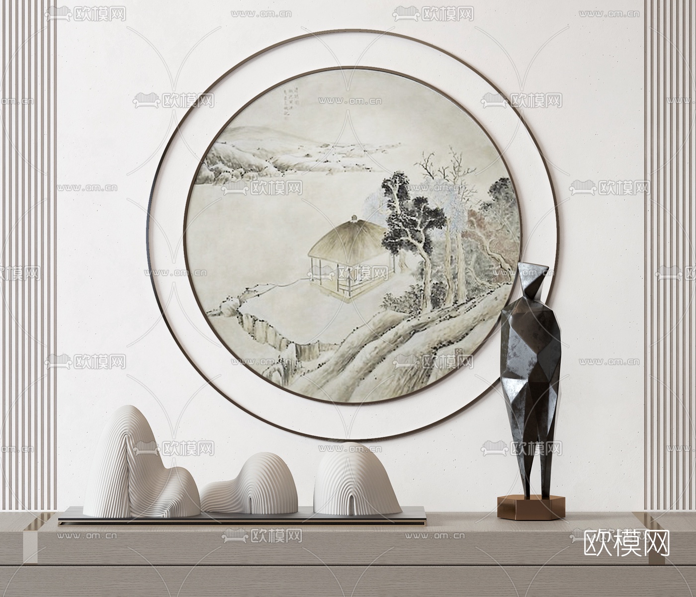 新中式假山人物雕塑3d模型
