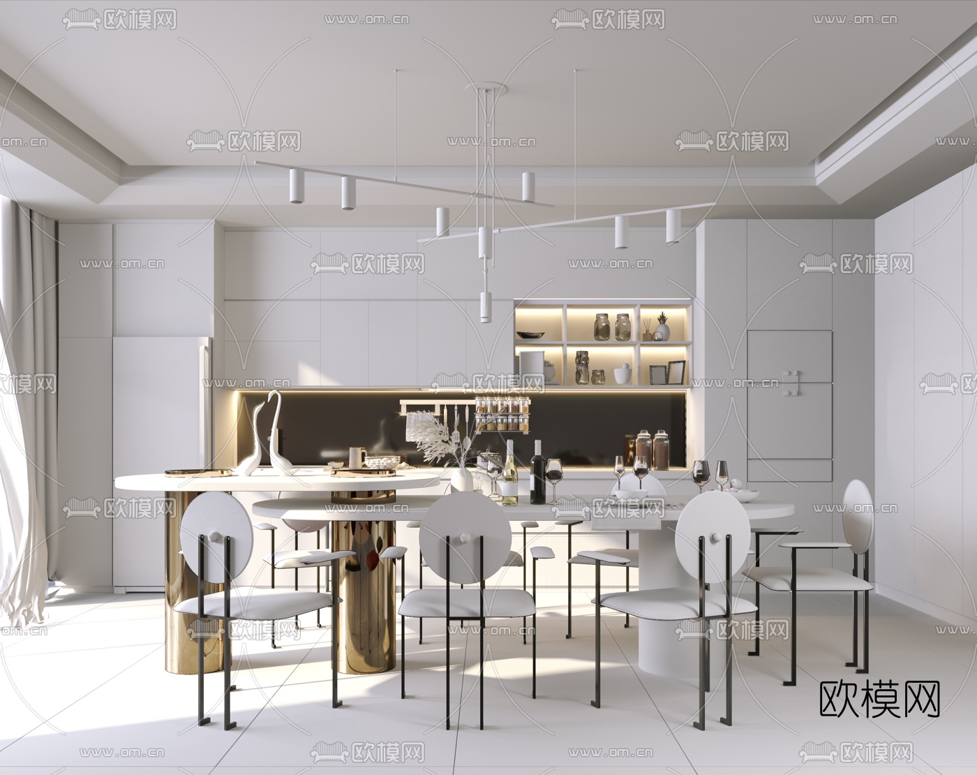现代开放式中岛餐厅厨房3d模型
