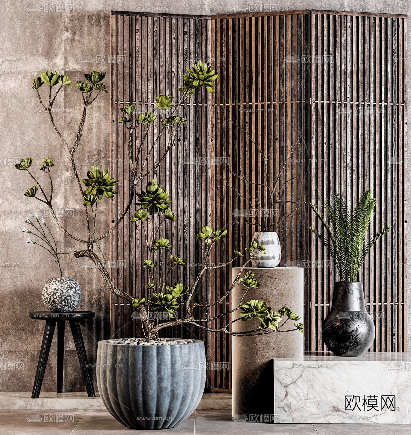 中式圆形盆栽屏风3d模型下载（渲染图1）