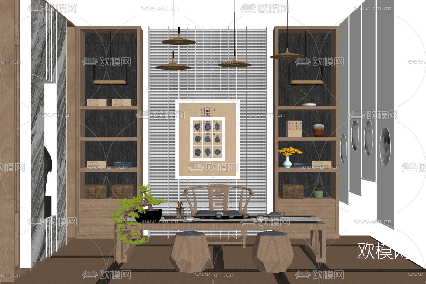 新中式实木茶桌椅su模型下载