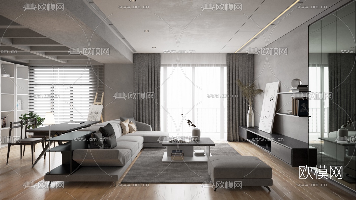 工业风简约客厅餐厅3d模型下载（渲染图1）