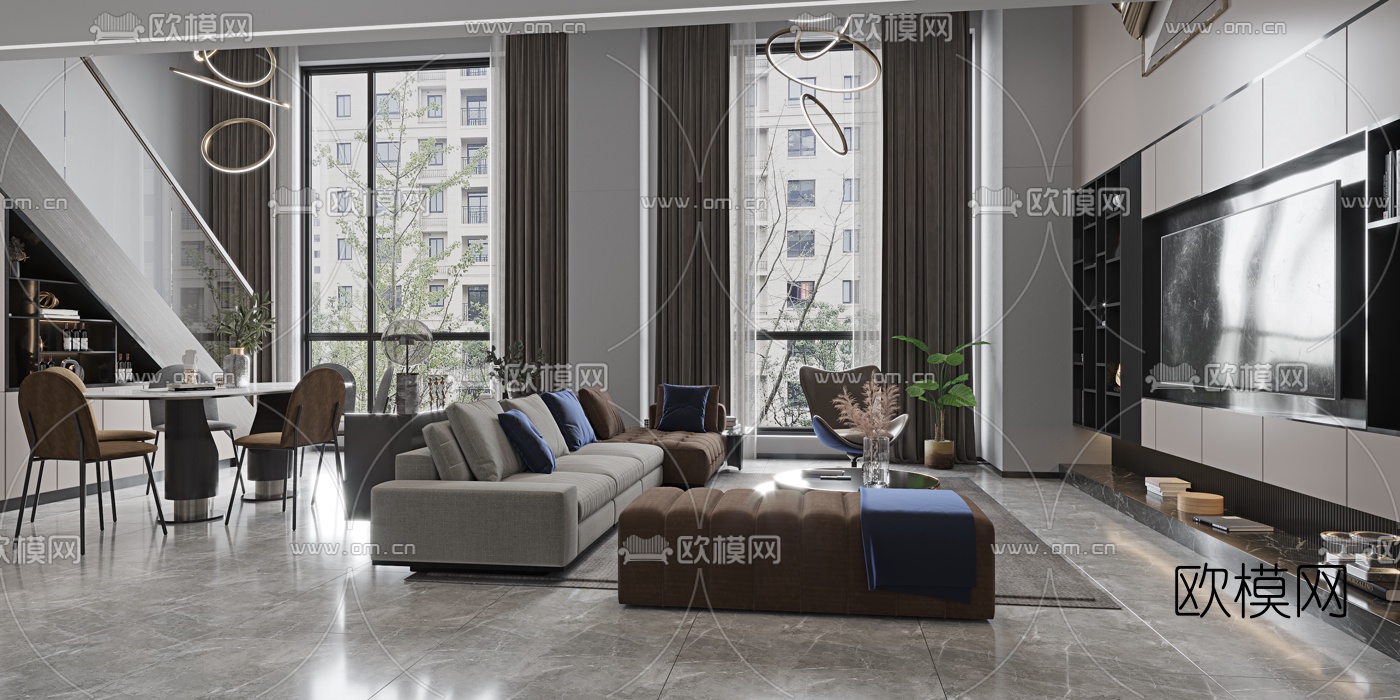 现代别墅客厅餐厅3d模型