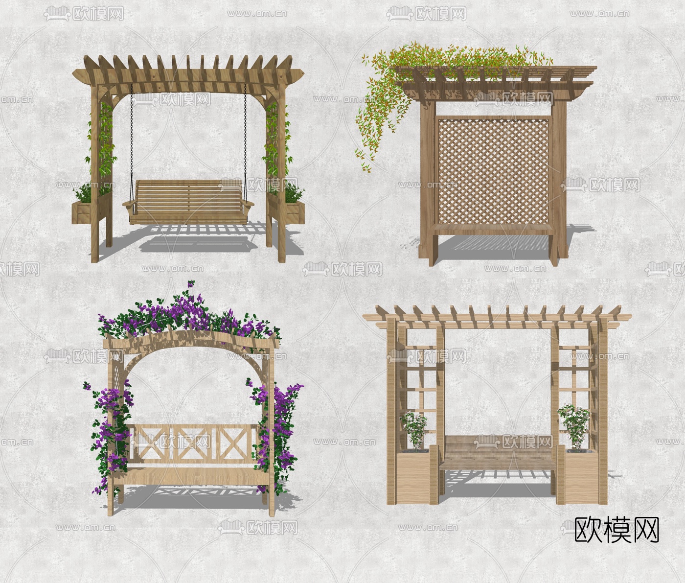 自然风户外椅廊架花架su模型下载（渲染图1）