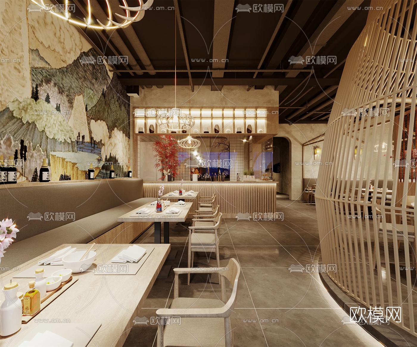 日式料理烤肉店3d模型下载（渲染图1）