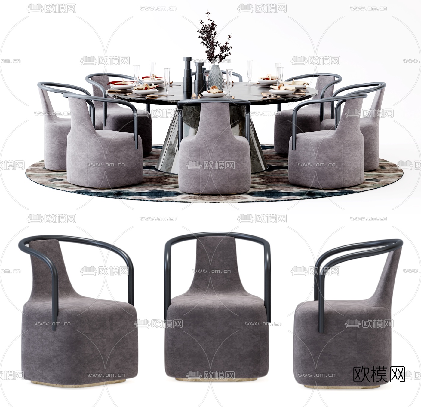 新中式大理石圆形餐桌椅3d模型下载（渲染图1）