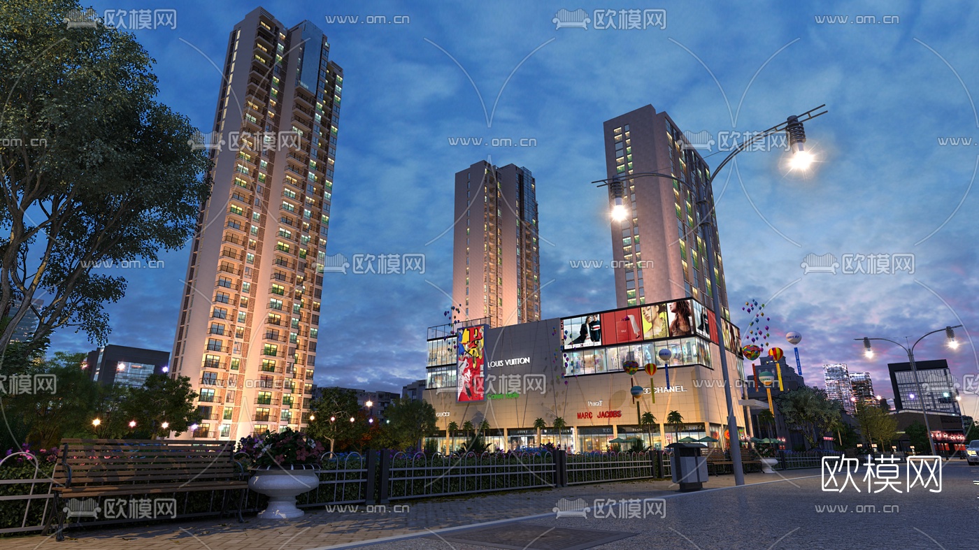 现代商业街夜景3d模型