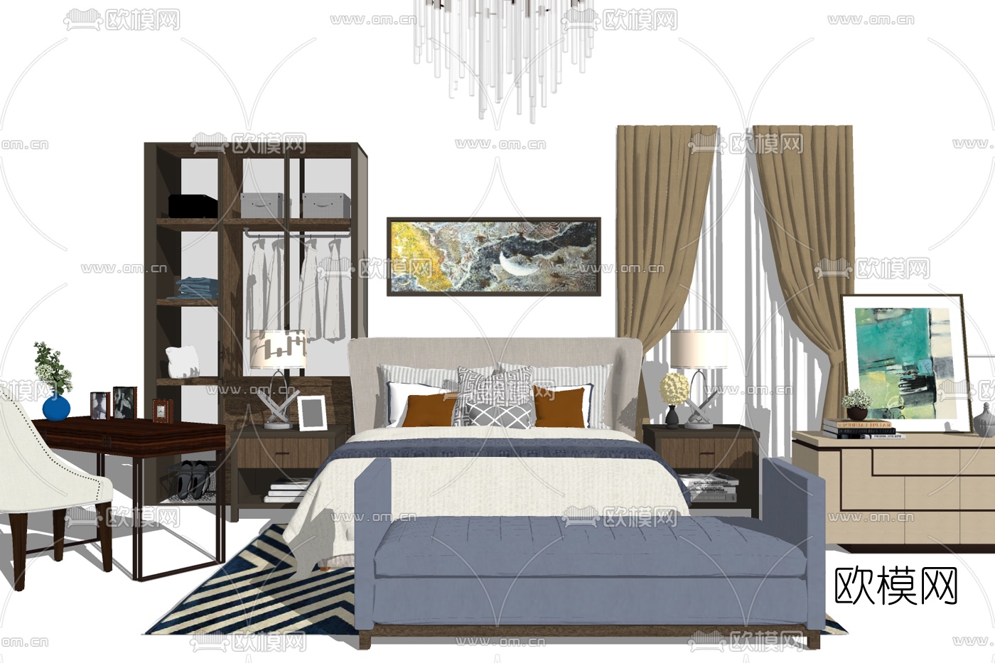 现代布艺双人床免费su模型下载