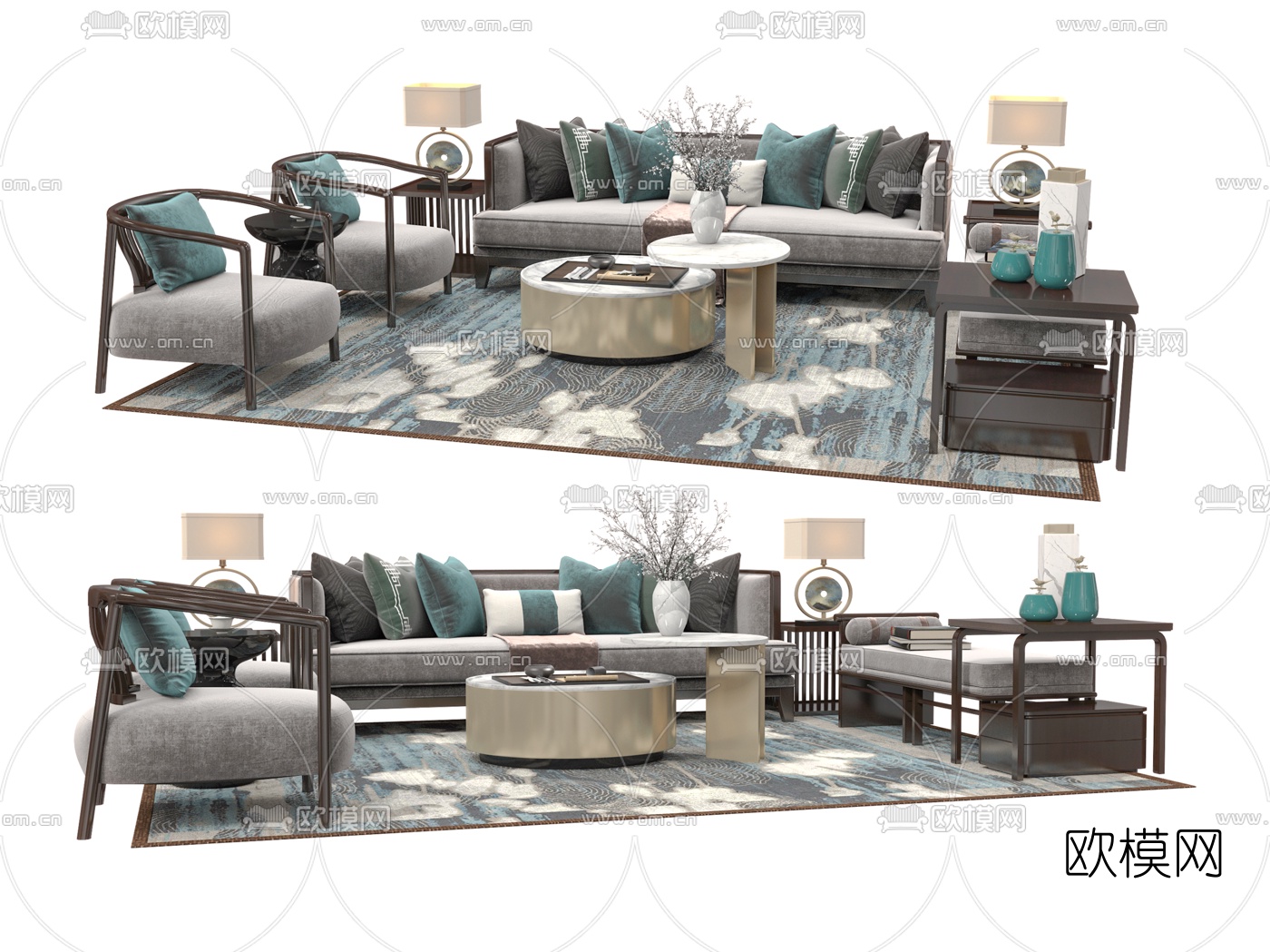 新中式布艺组合沙发su模型下载（渲染图1）
