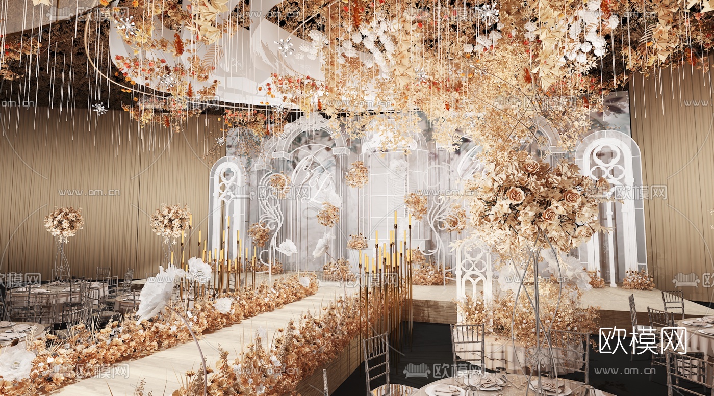 欧式婚礼美陈宴会厅3d模型下载（渲染图5）
