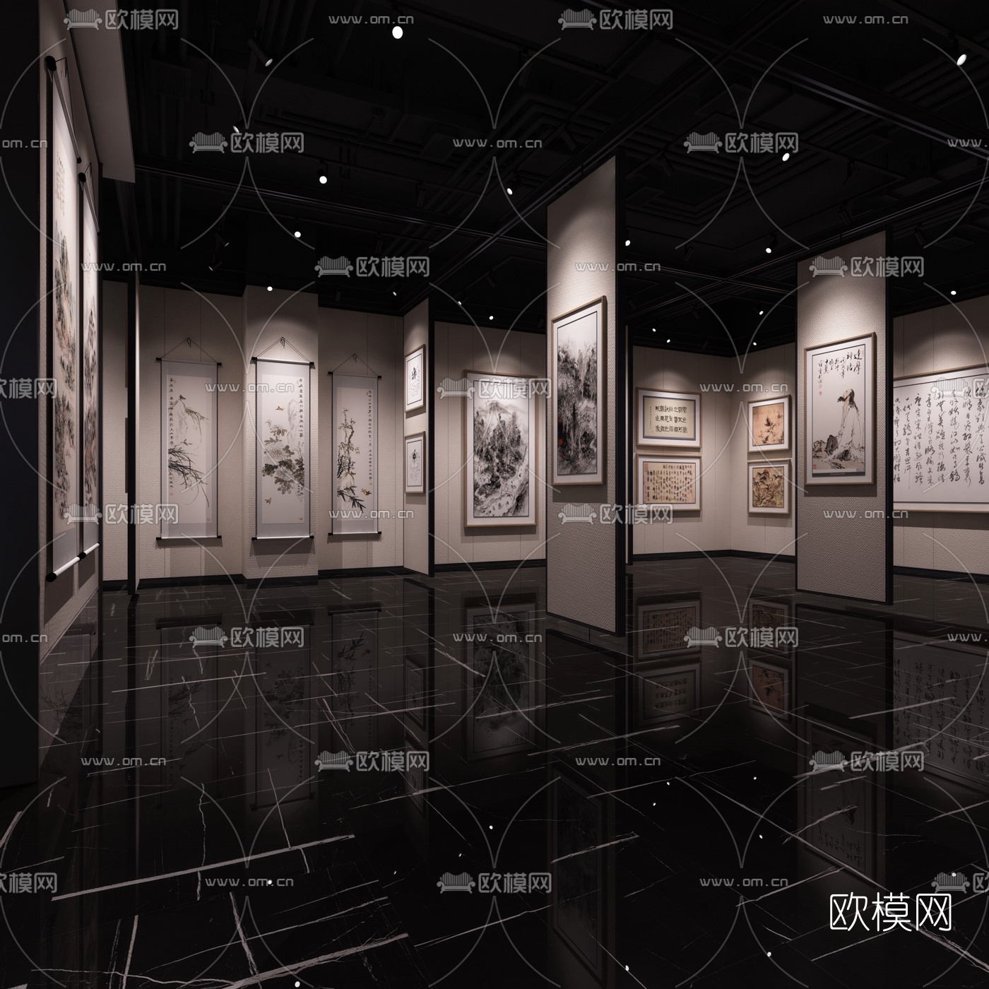 现代轻奢书画展厅3d模型下载（渲染图2）