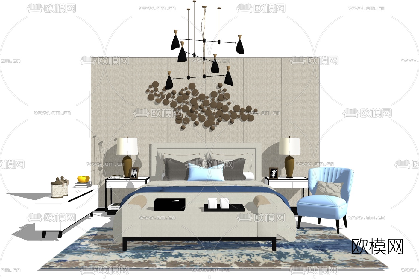 现代布艺双人床免费su模型下载