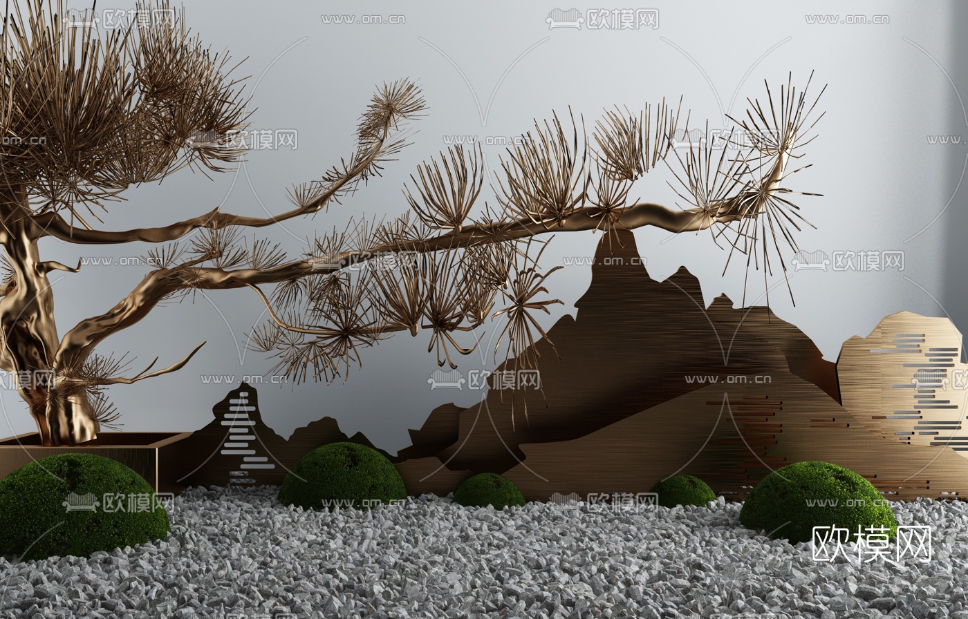 新中式枯木灌木园林小品3d模型